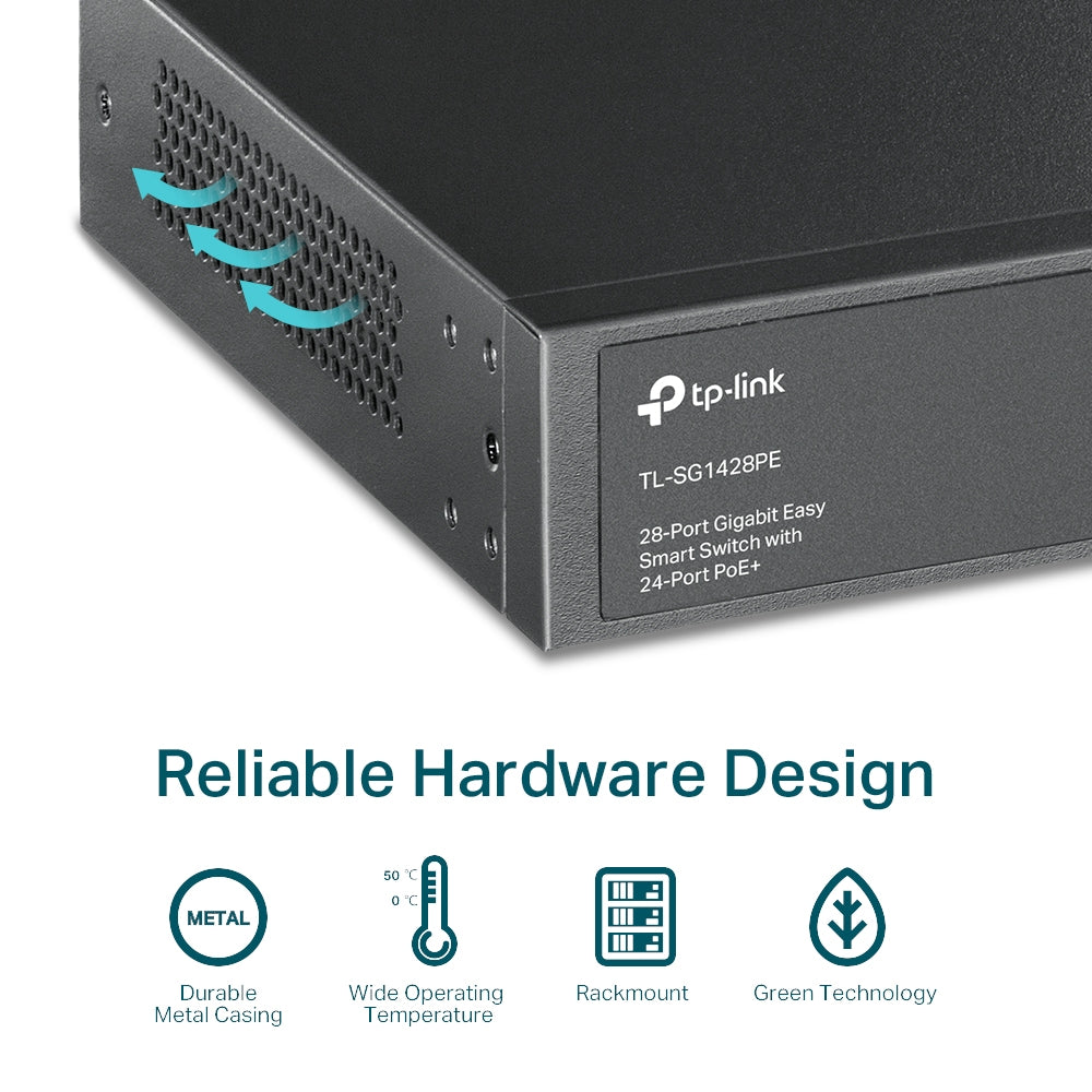 TP-Link TL-SG1428PE - 28-Port Gigabit Easy Smart Switch with 24-Port PoE+ / 250W PoE Budget / 2 SFP Uplinks / Rackmount Switch