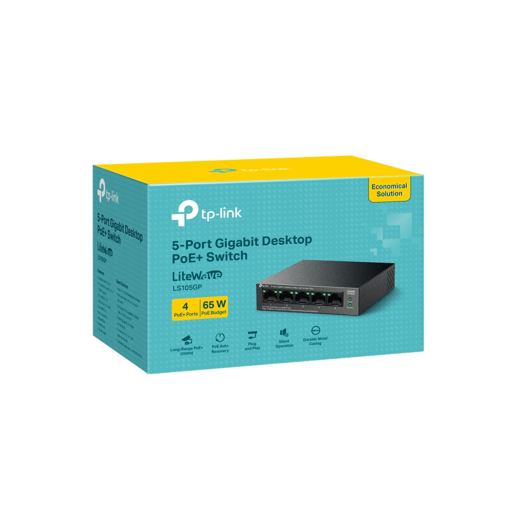 TP-Link LS105GP - 5-Port Gigabit Desktop Switch with 4-Port PoE+ / 65W PoE Budget / 10Gbps Switching Capacity / Extend Mode 250m - Network Switch