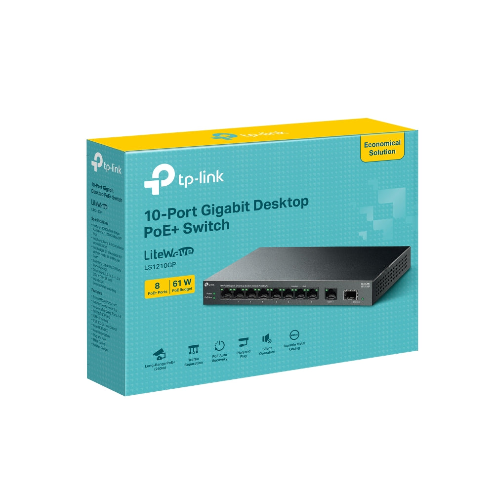 TP-Link LS1210GP - 10-Port Gigabit Desktop Switch / 8-Port PoE+ / 61W PoE Budget / Gigabit SFP Uplink / 250m Extend Mode - PoE Switch