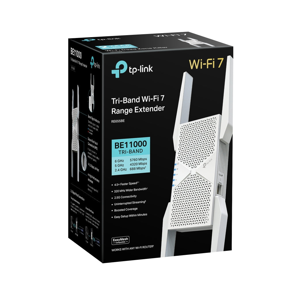TP-Link RE655BE BE11000 Tri-Band Wi-Fi 7 Range Extender - EasyMesh™ / 2.5G Multi-Gigabit Port / 6GHz Band / Access Point Mode