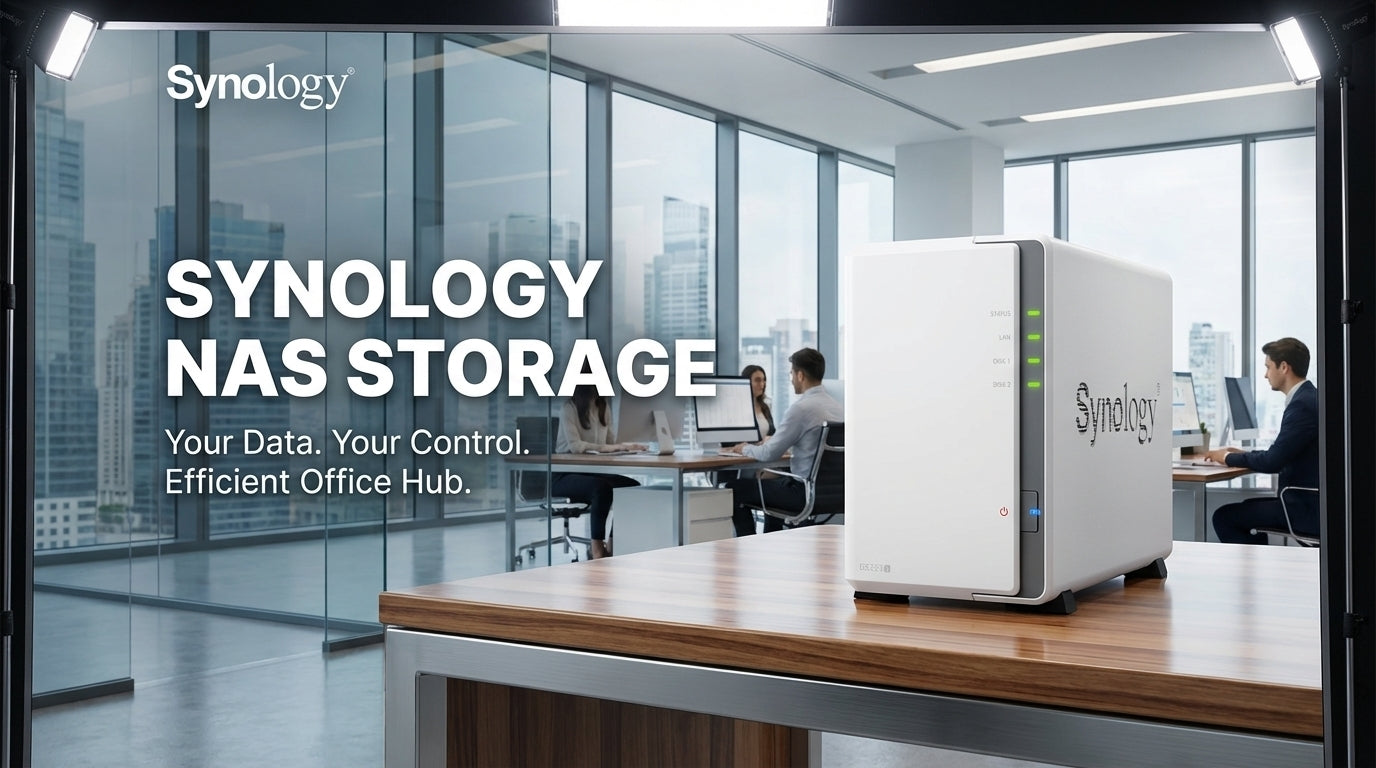Synology NAS storage device on a desk with office background