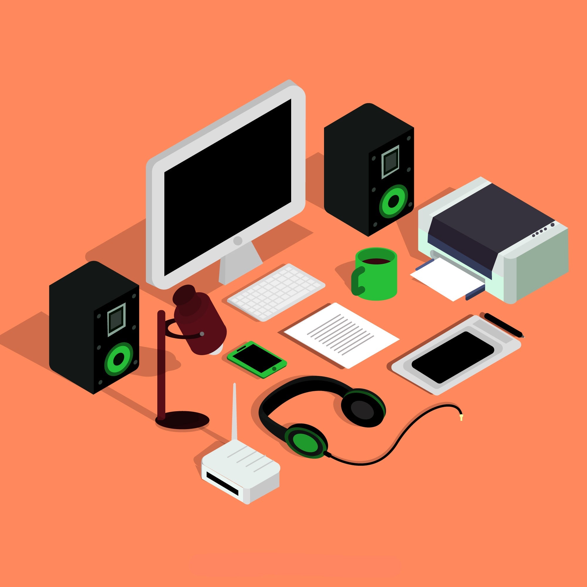 Illustration of a home office setup with computer, speakers, printer, and other equipment on an orange background.