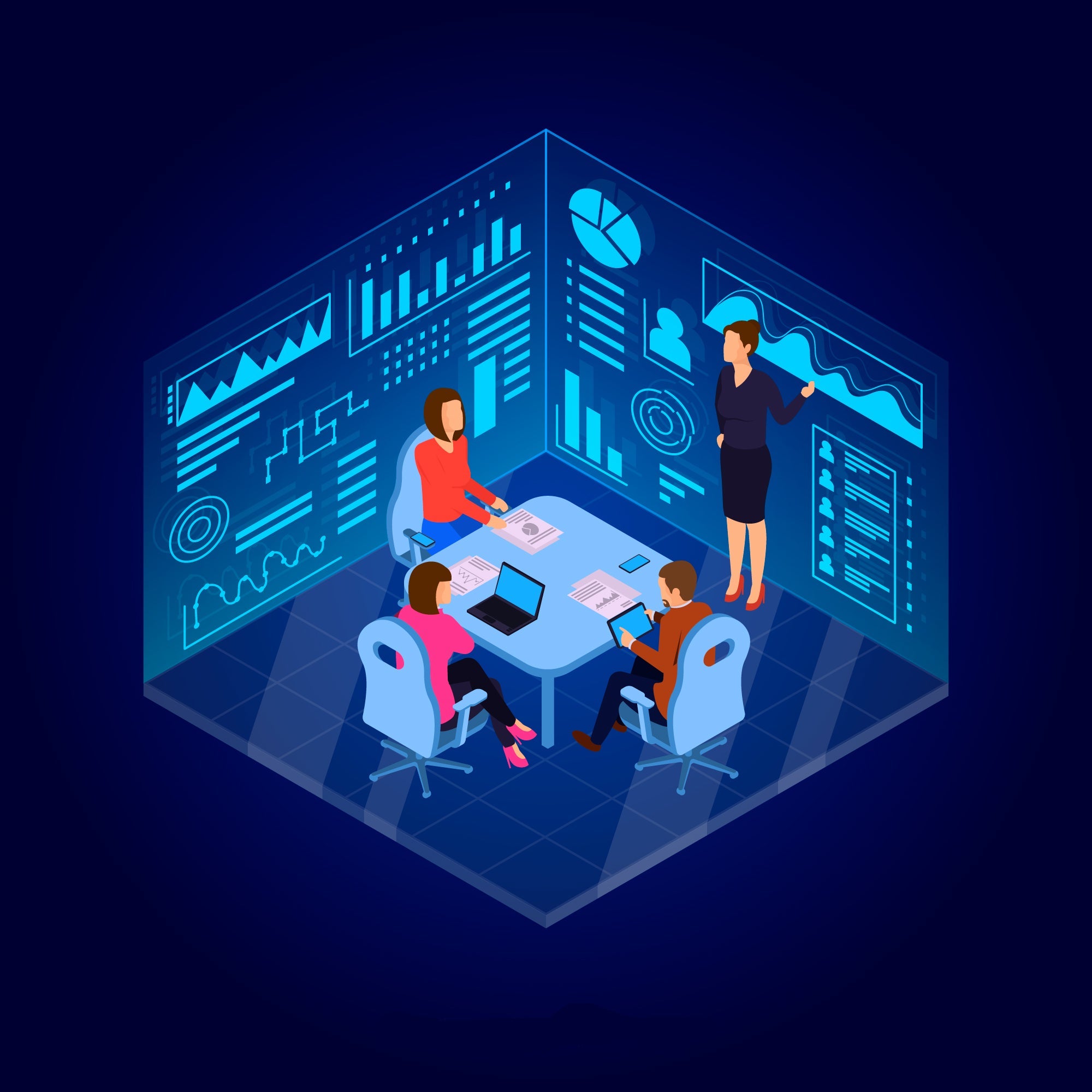 Isometric illustration of a team meeting with digital interfaces and graphs on a dark background.