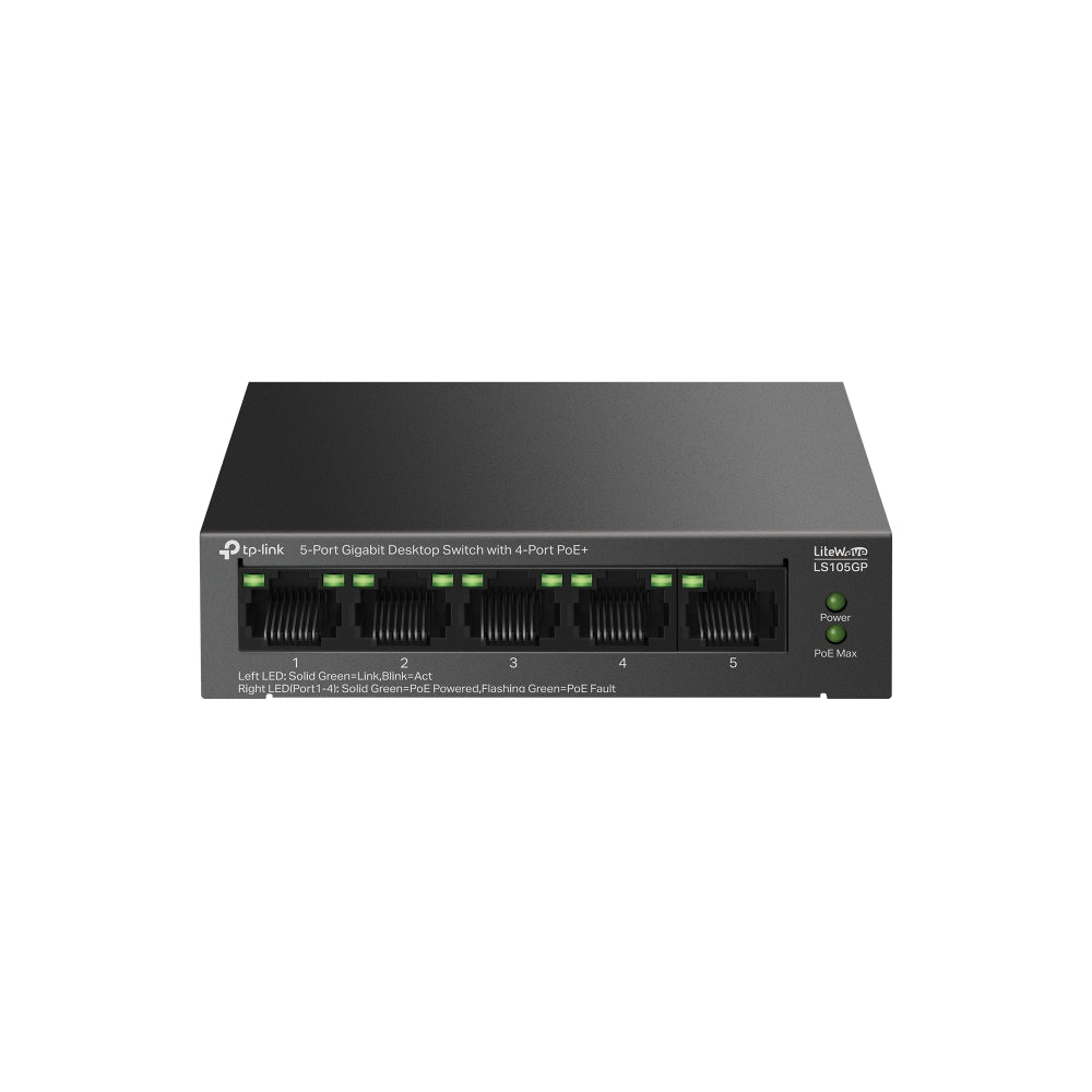TP-Link LS105GP - 5-Port Gigabit Desktop Switch with 4-Port PoE+ / 65W PoE Budget / 10Gbps Switching Capacity / Extend Mode 250m - Network Switch