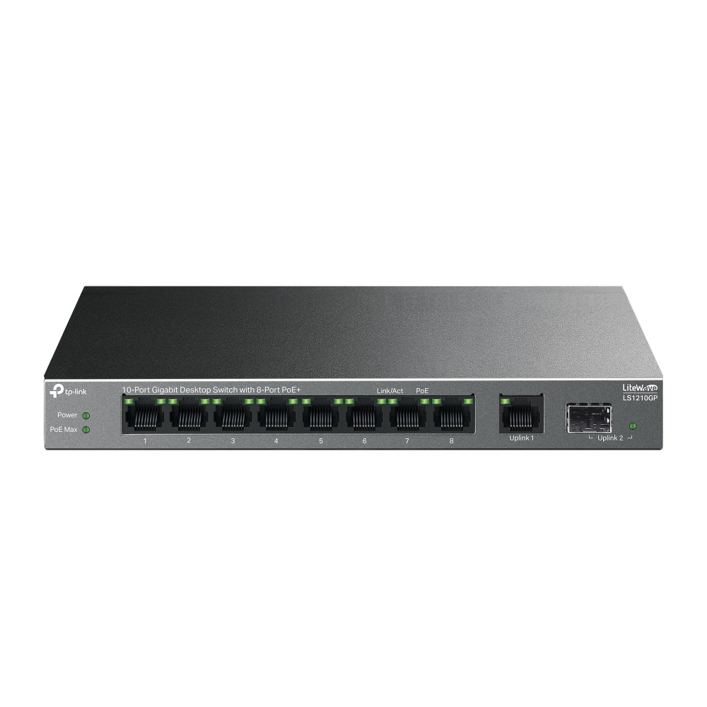 TP-Link LS1210GP - 10-Port Gigabit Desktop Switch / 8-Port PoE+ / 61W PoE Budget / Gigabit SFP Uplink / 250m Extend Mode - PoE Switch