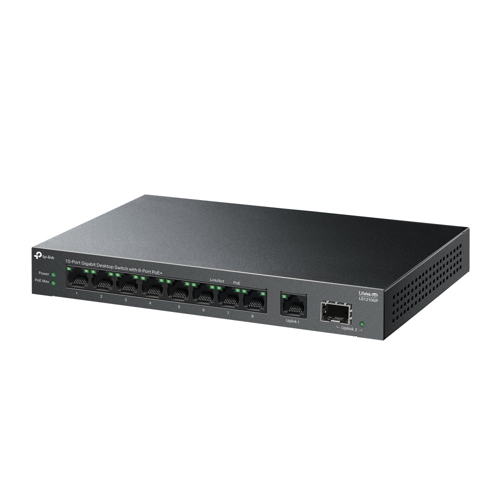 TP-Link LS1210GP - 10-Port Gigabit Desktop Switch / 8-Port PoE+ / 61W PoE Budget / Gigabit SFP Uplink / 250m Extend Mode - PoE Switch