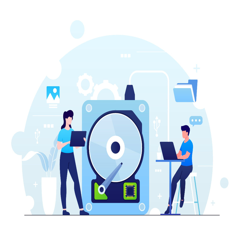 Illustration of two people working on a hard drive with a blue and white color scheme.
