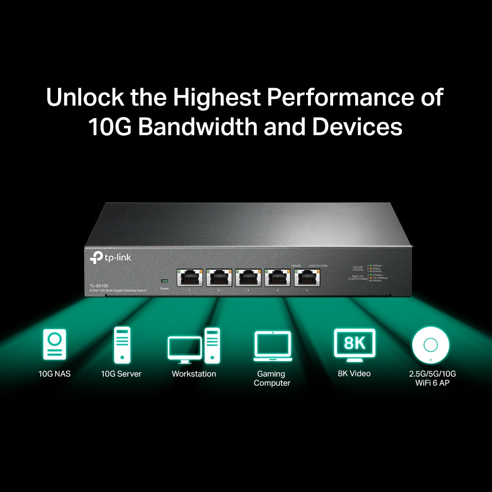 TP-Link TL-SX105 - 5-Port 10G Multi-Gigabit Desktop Switch / 100Gbps Switching Capacity / Fanless Design / Plug & Play - Network Switch