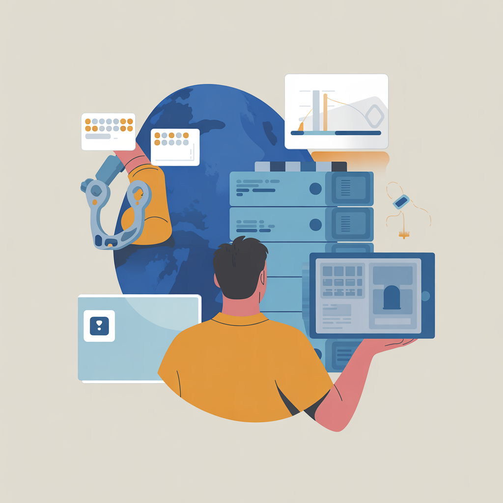 Illustration of a person working with technology on a beige background