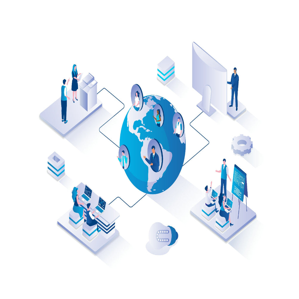 Illustration of global business network with people and technology icons